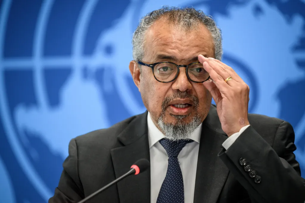 WHO Director-General Tedros Adhanom Ghebreyesus speaking during a press conference.