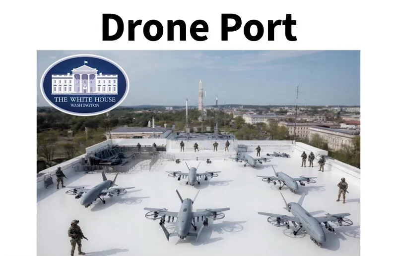Illustration of a White House drone port concept with drones and armed guards on a rooftop.