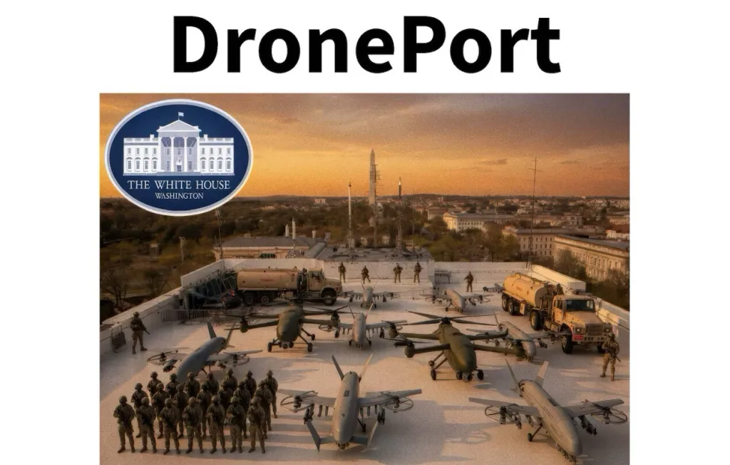Illustration of a "DronePort" concept with various drones, soldiers, and trucks on a rooftop, with the White House emblem in the upper left.