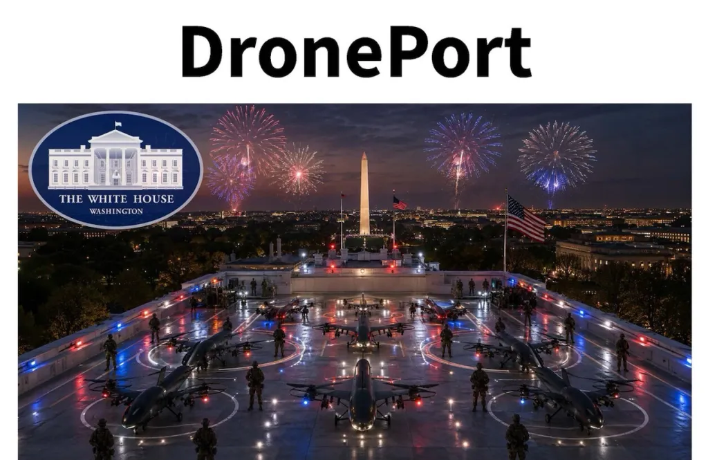 Illustration of the White House as a "DronePort" with military personnel and drones on the rooftop, fireworks in the sky, and the Washington Monument in the background.