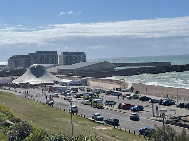 Emergency services at Madeira Drive, Brighton, following the recovery of three bodies from the sea.
