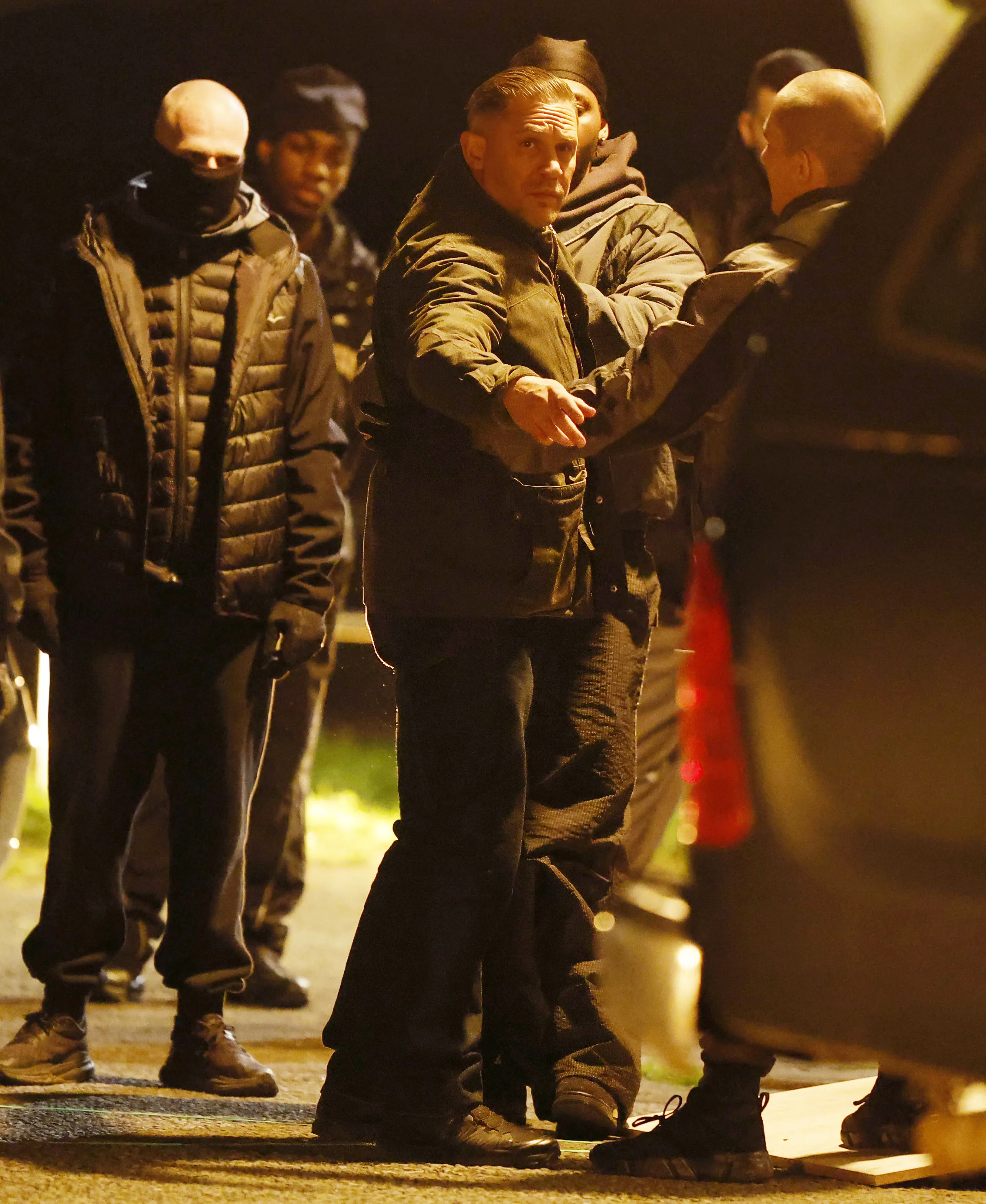 Tom Hardy in character as Harry Da Souza, on set for the show "MobLand."