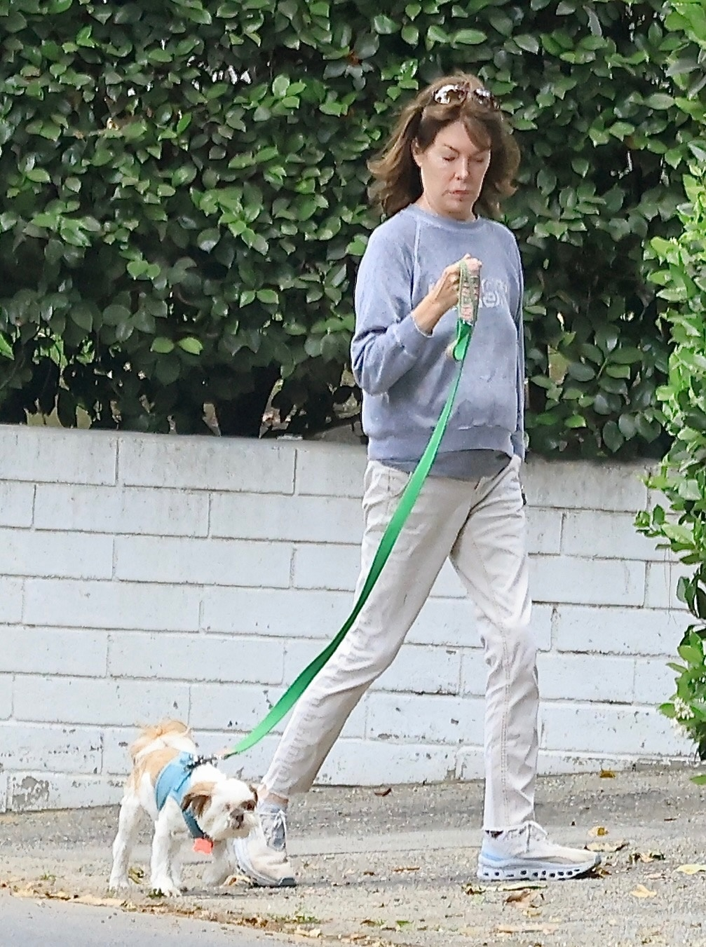 Lara Flynn Boyle walking her dog while smoking a cigarette.