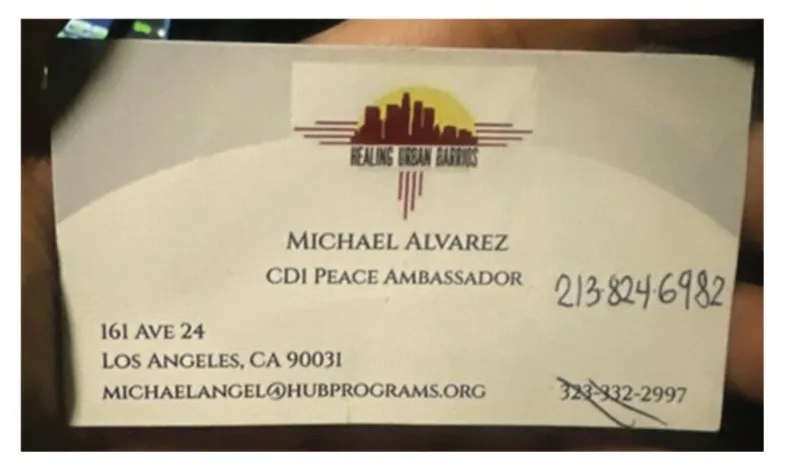 Business card for Michael Alvarez, CDI Peace Ambassador for Healing Urban Barrios.