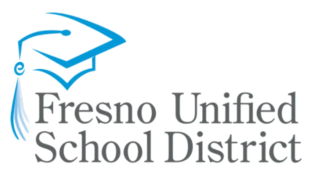 Illustration of a blue graduation cap above the words "Fresno Unified School District" in gray font.