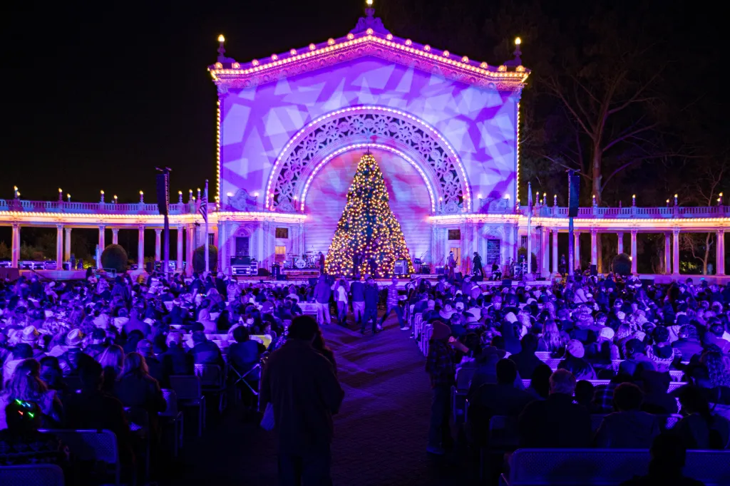 A holiday tree lit up at Balboa Park's 