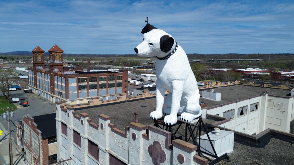 A giant statue of Nipper the dog sits atop a building in Albany, N.Y.