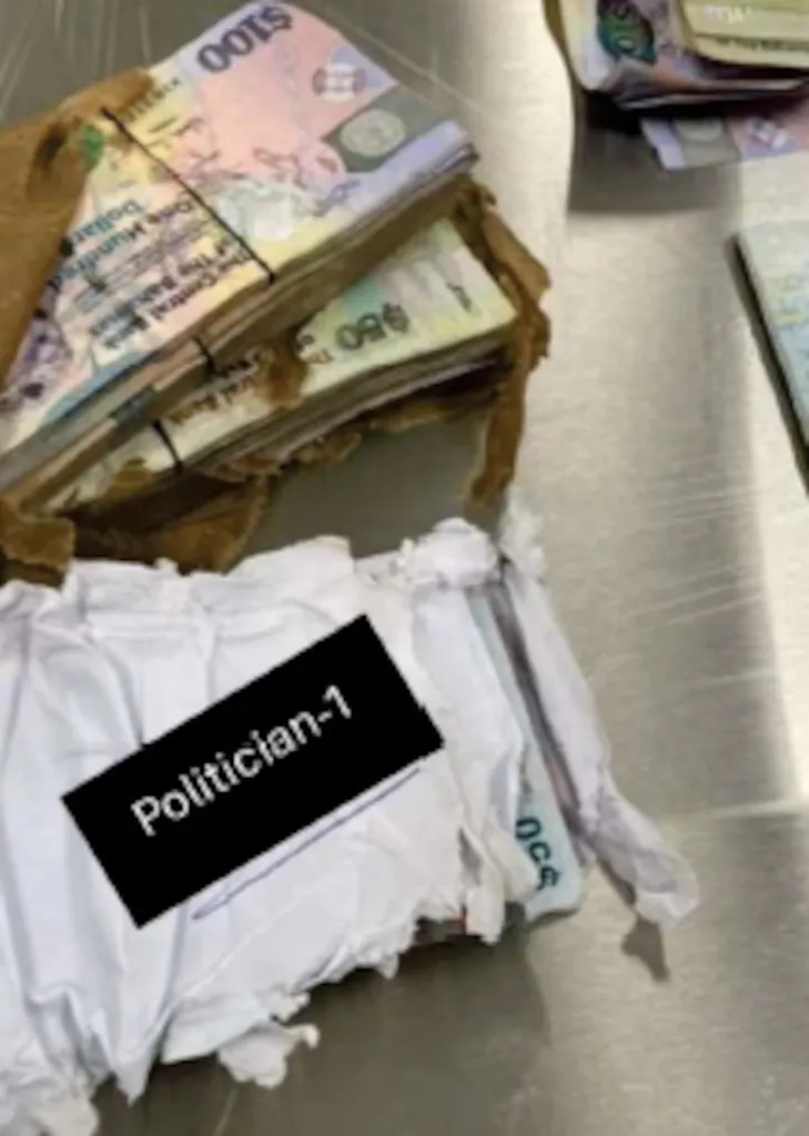 Bundles of cash with "Politician-1" written on a white wrapper.
