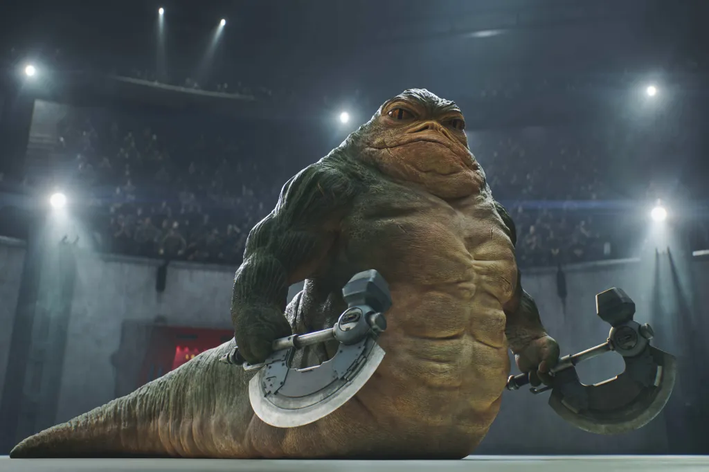 Illustration of Rotta the Hutt holding two double-sided axes in a stadium.