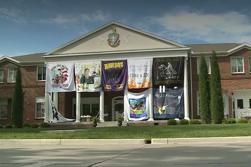 The Sigma Chi fraternity house with "Derby Days" banners hanging from the porch.
