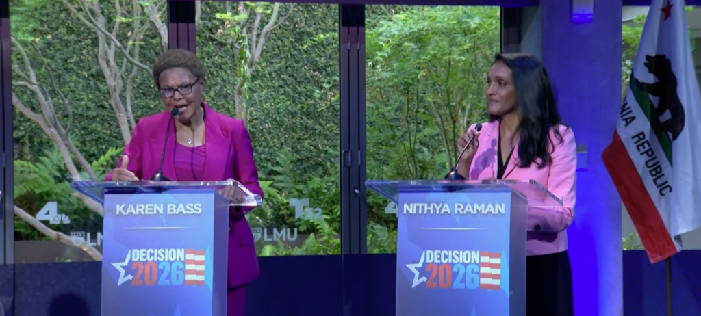 Karen Bass and Nithya Raman at a "Decision 2026" debate.
