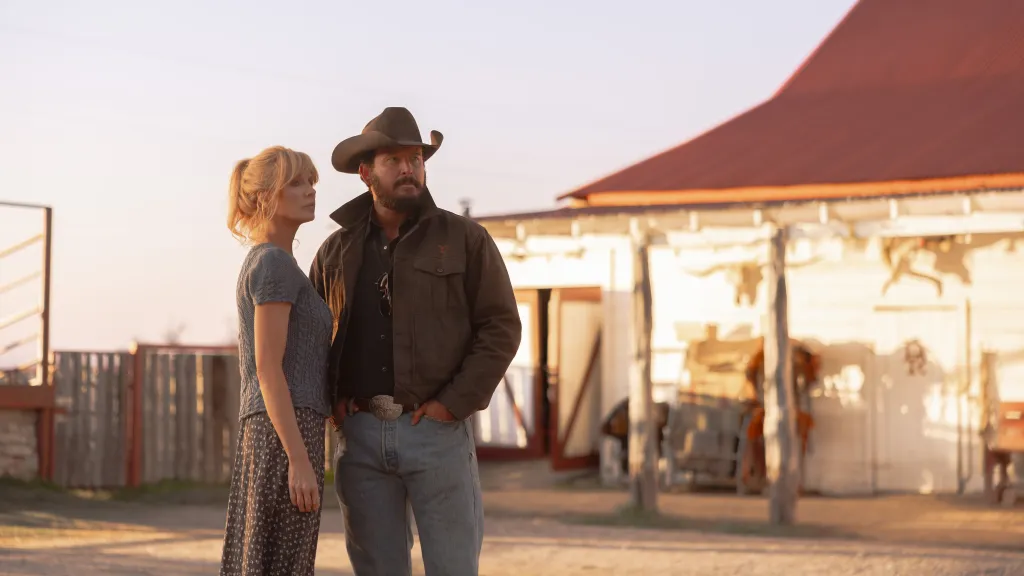 Kelly Reilly as Beth Dutton and Cole Hauser as Rip Wheeler on Dutton Ranch.