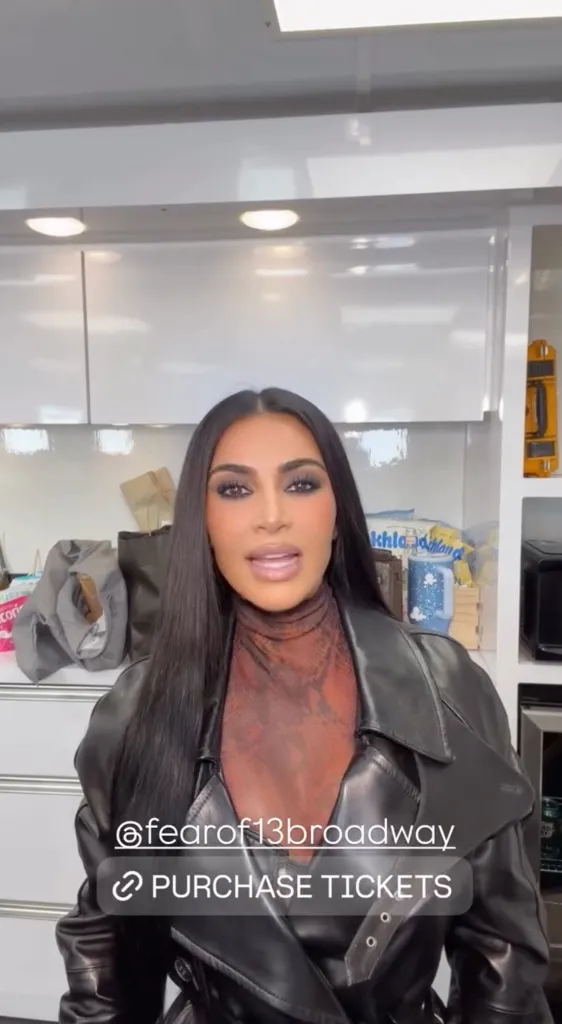 Kim Kardashian promoting "13broadway" with a "Purchase Tickets" button.