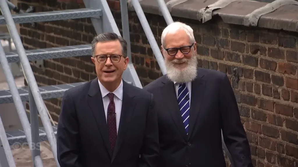 Stephen Colbert and David Letterman throw CBS furniture off the roof of the Ed Sullivan theater