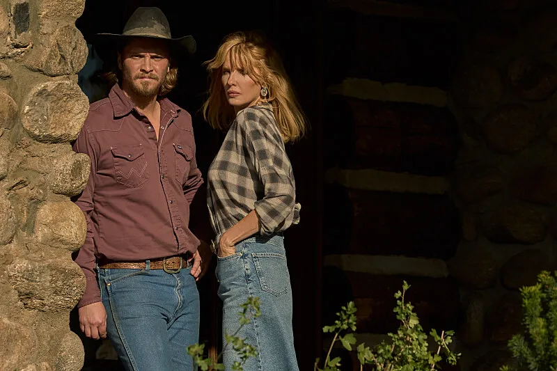 Luke Grimes as Kacey Dutton and Kelly Reilly as Beth Dutton in Yellowstone Season 5B.