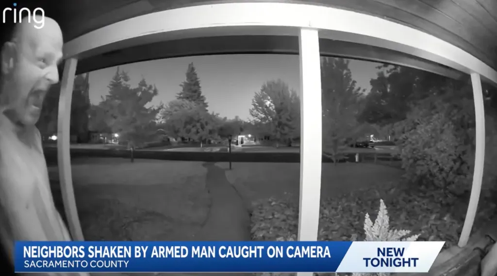 Ring doorbell footage of a man at night holding a knife and yelling, with the text "NEIGHBORS SHAKEN BY ARMED MAN CAUGHT ON CAMERA" and "NEW TONIGHT" at the bottom.