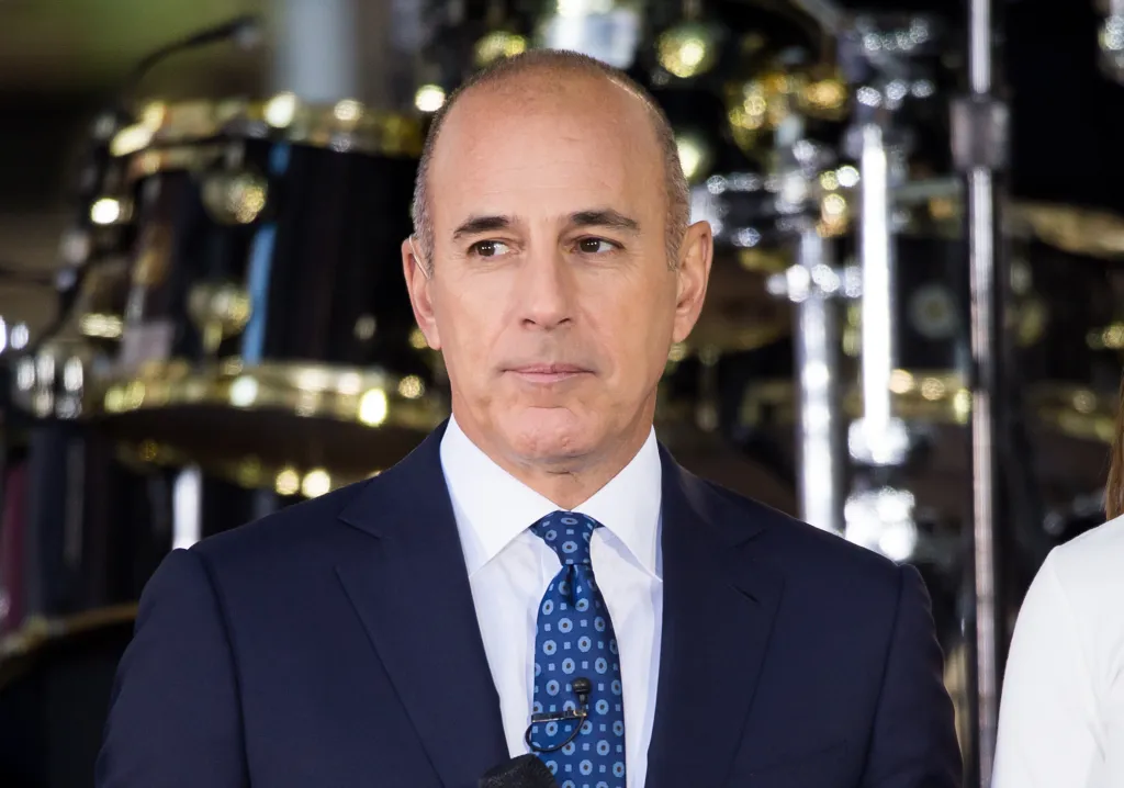 Matt Lauer wearing a navy suit and patterned tie.