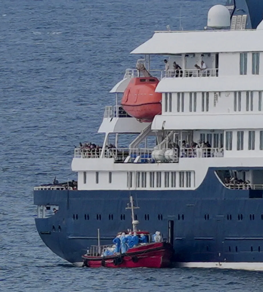 The MV Hondius cruise ship anchored at port in Praia, Cape Verde.