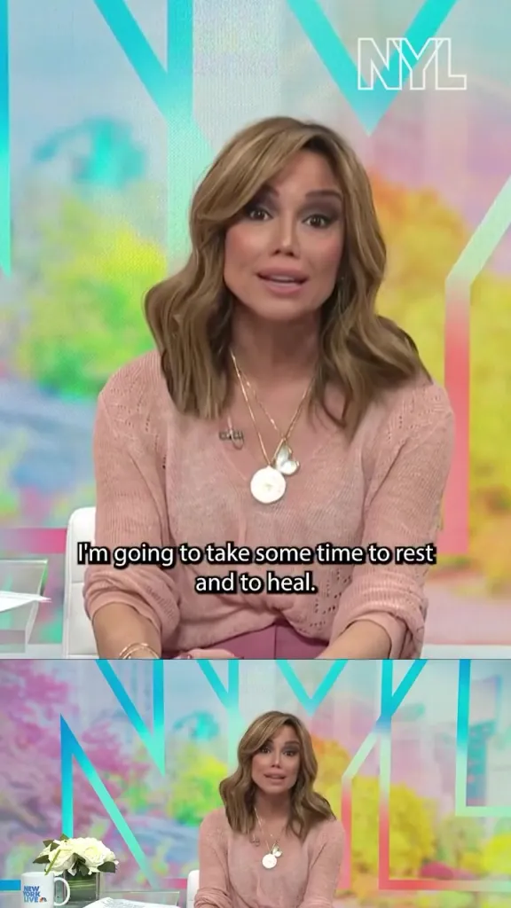 Collage of NBC host Sara Gore announcing her breast cancer diagnosis on air, stating