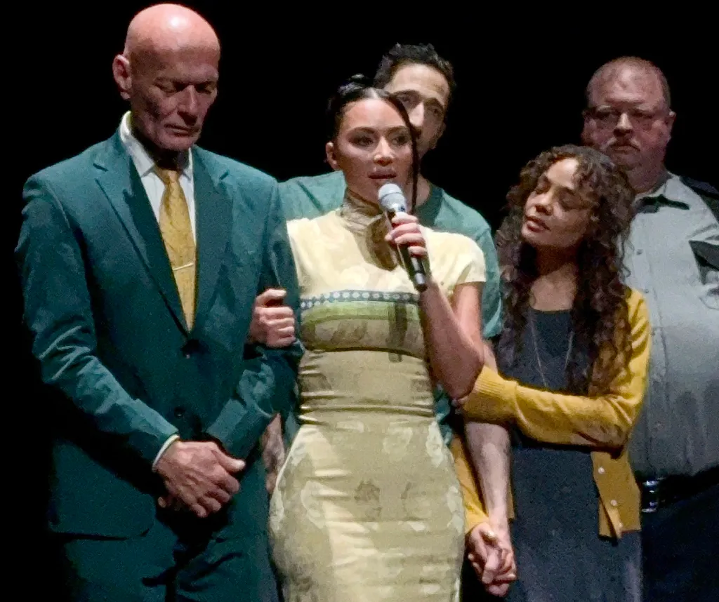 Nick Yarris, Kim Kardashian, and Tessa Thompson onstage during the curtain call for "The Fear of 13" on Broadway.