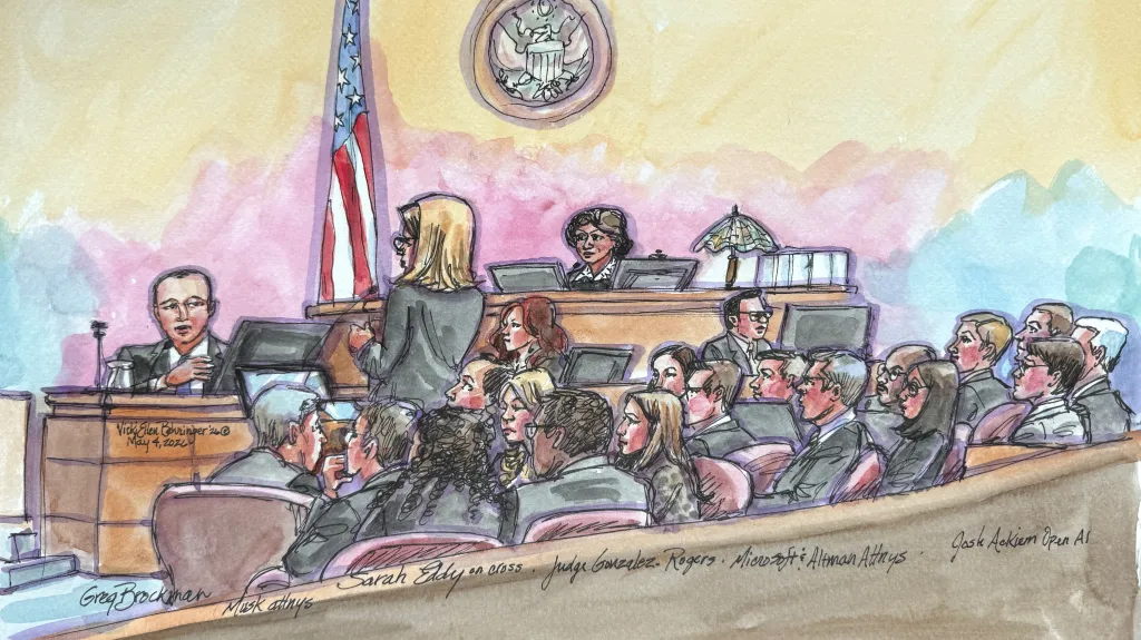 Illustration of OpenAI President Greg Brockman testifying in a courtroom during a trial.
