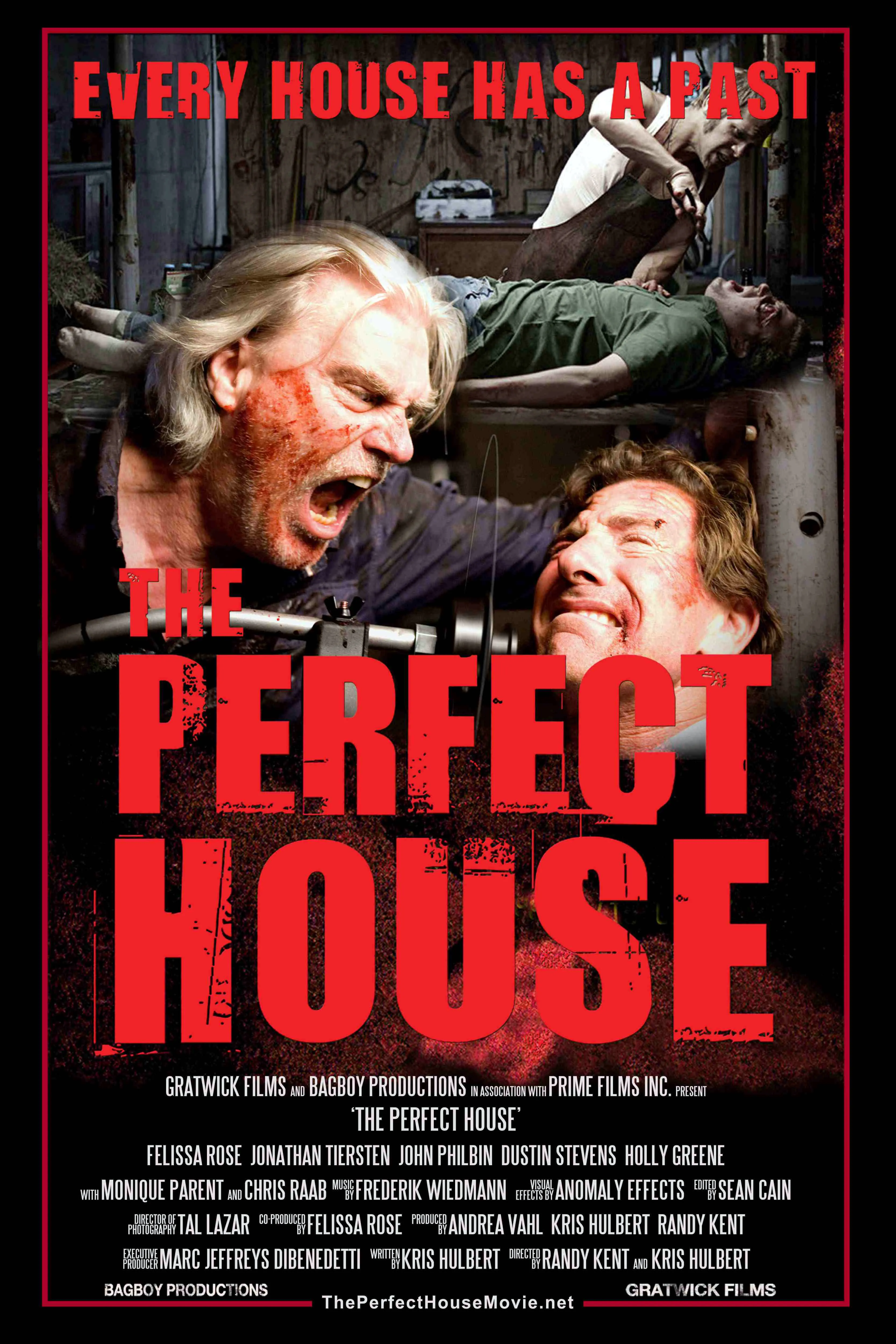Movie poster for "The Perfect House" showing a man covered in blood, screaming, and another man with a tool near his head.