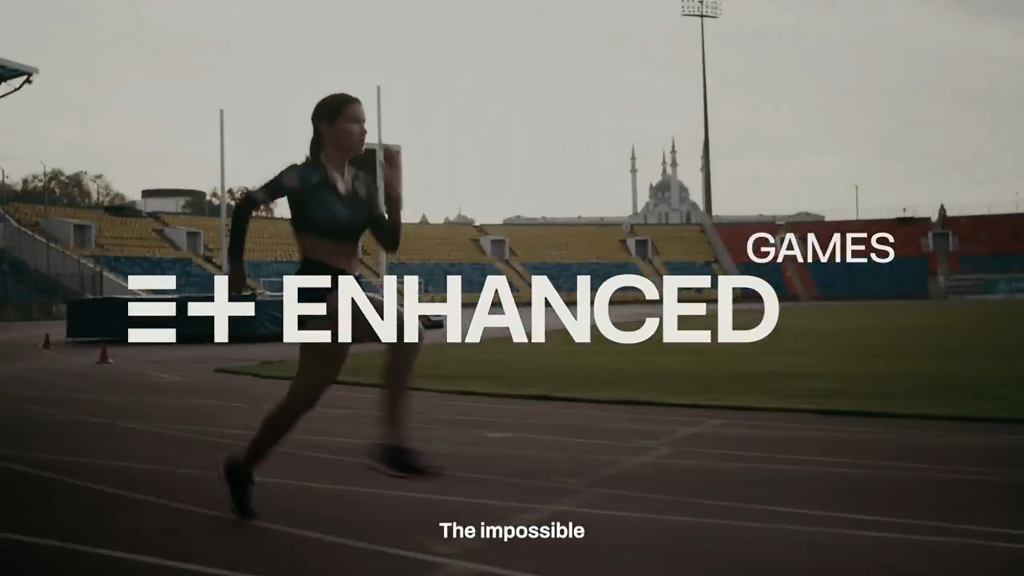 A runner on a track with the words "= + ENHANCED GAMES" and "The impossible" superimposed over her.
