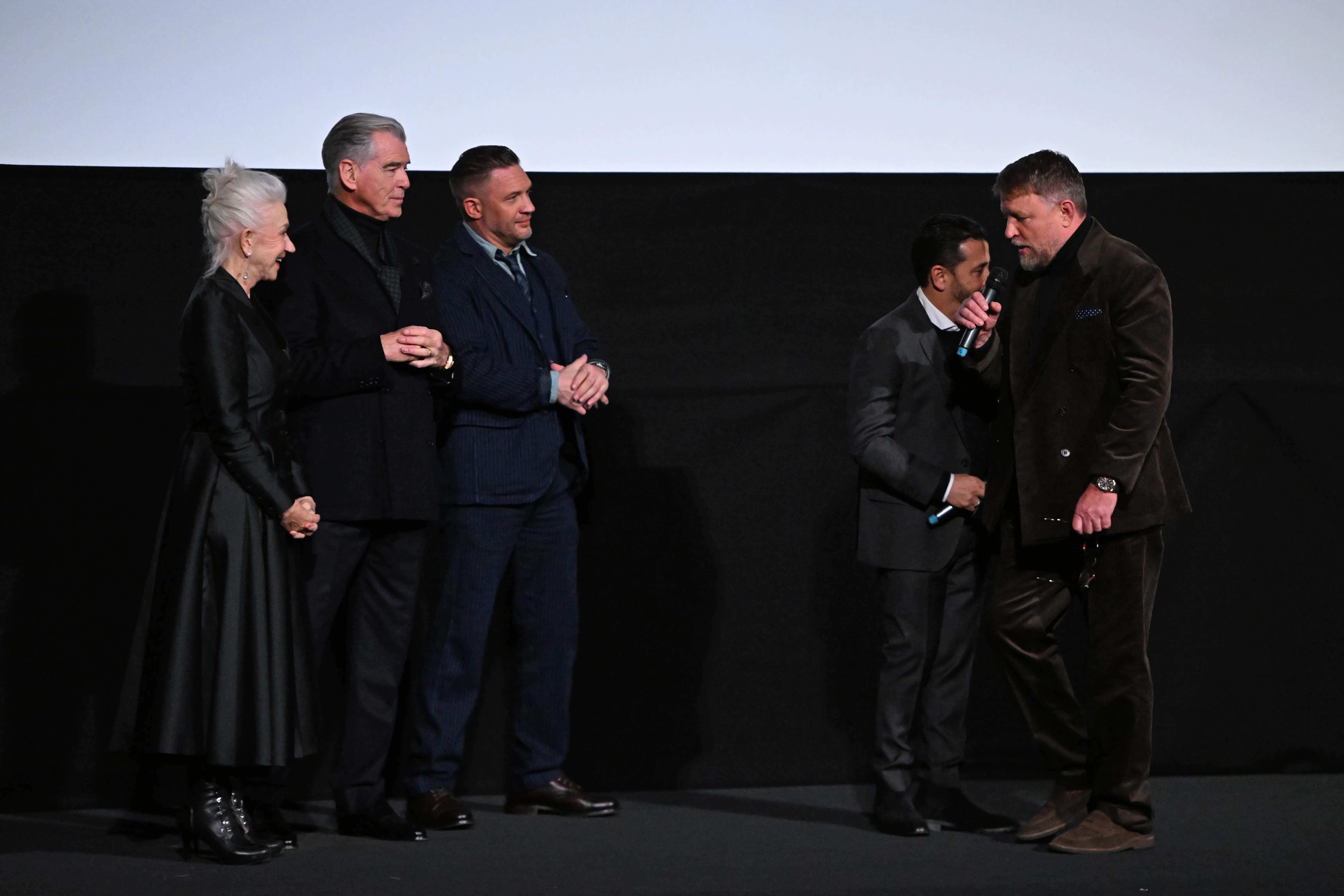 Pierce Brosnan, Helen Mirren, Tom Hardy, Guy Ritchie, and David Glasser at the Global Premiere of "MobLand".