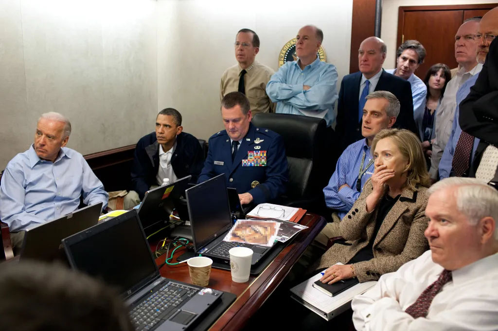 President Obama and Vice President Biden, along with members of the national security team, receive an update in the Situation Room.