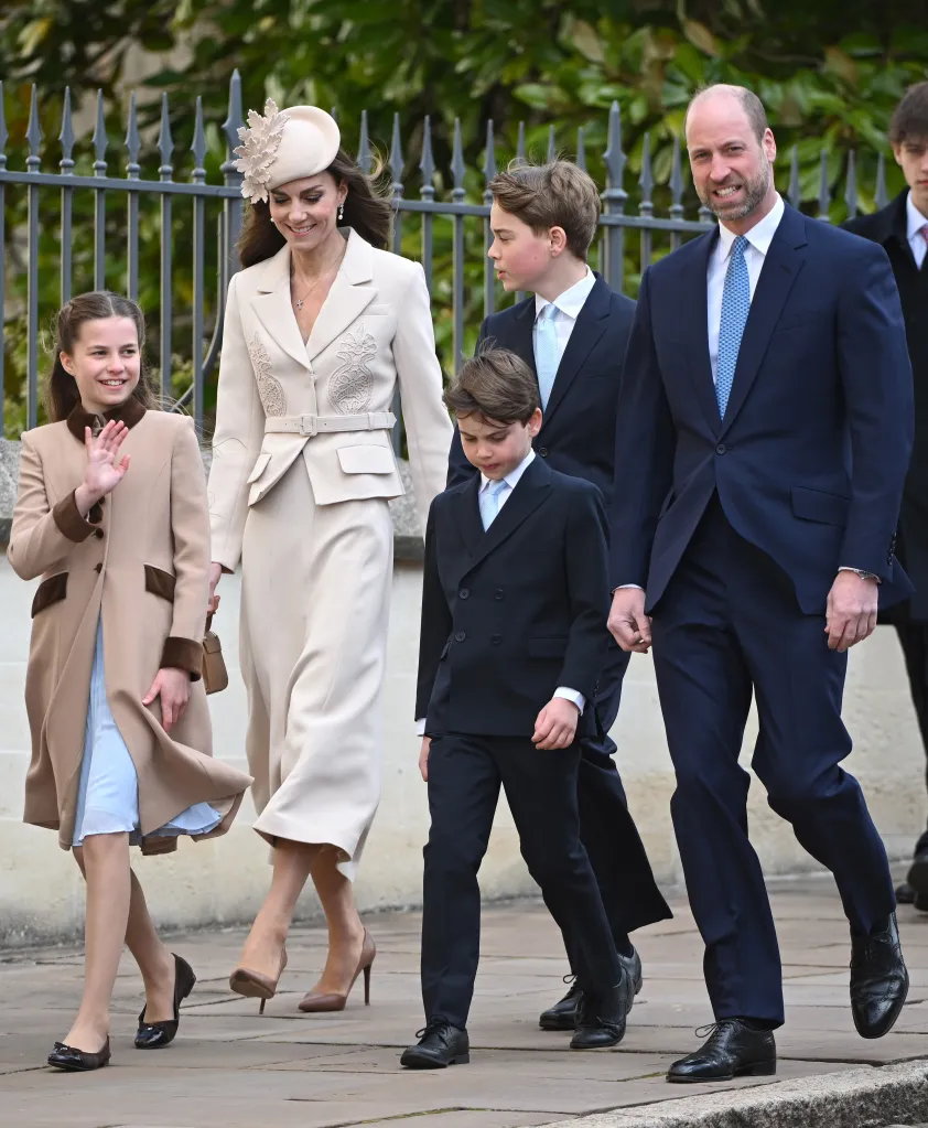 Princess Charlotte, Catherine, Prince George, Prince Louis, and Prince William attending the Easter Matins Service.