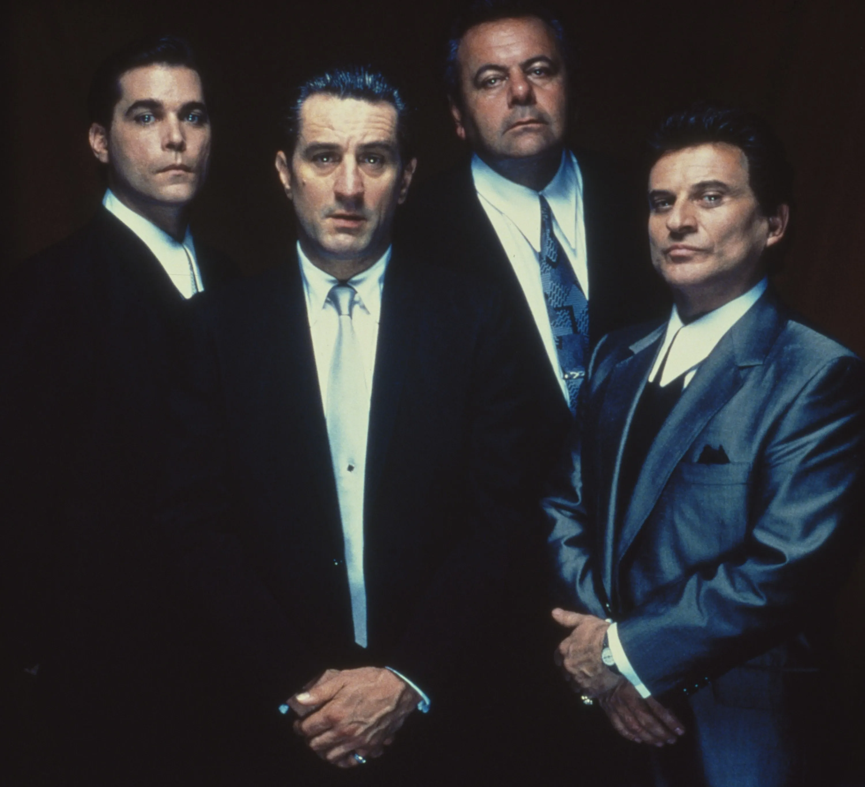 Cast photo of Ray Liotta, Robert De Niro, Paul Sorvino, and Joe Pesci from "Goodfellas."