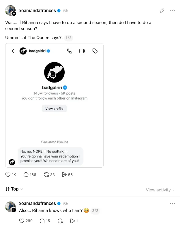A screenshot of a social media post showing Rihanna's message