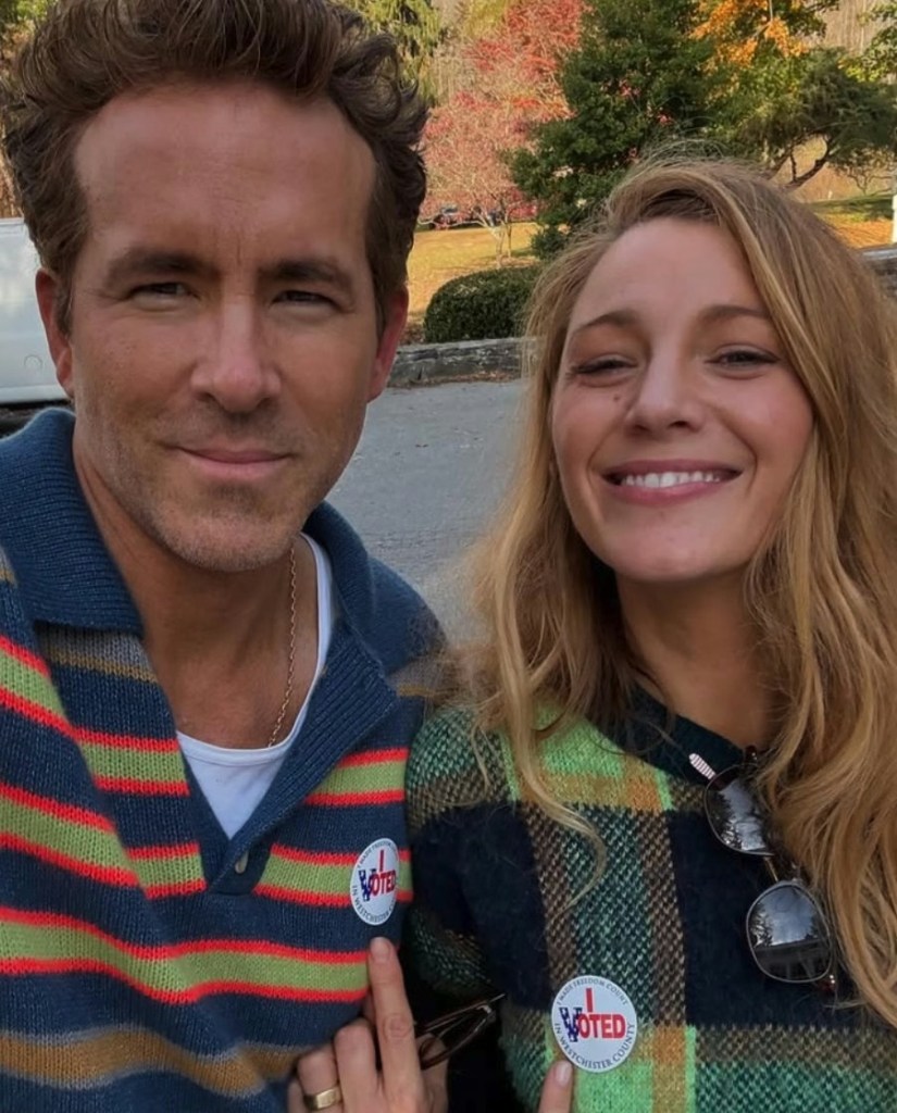 Ryan Reynolds and Blake Lively wearing "I Voted" stickers.