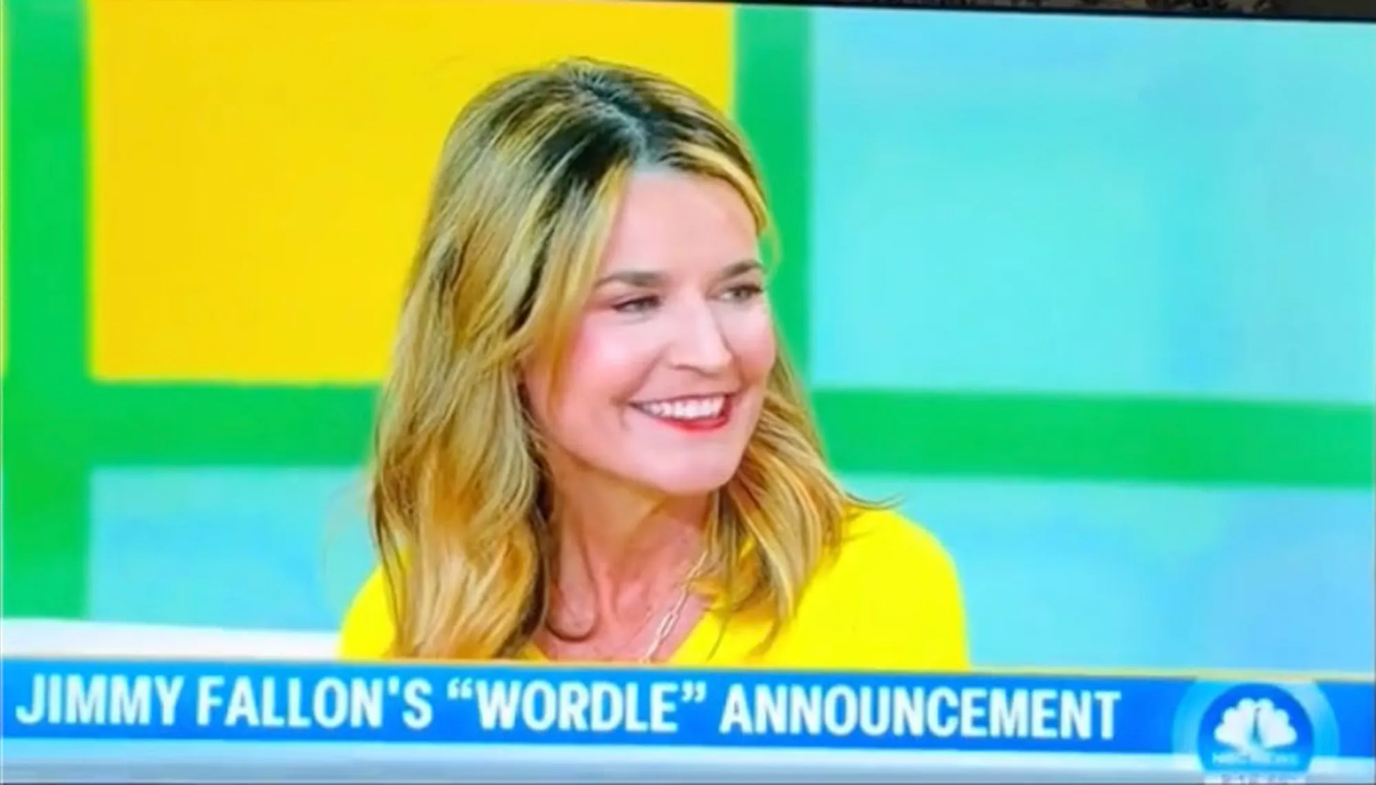 Savannah Guthrie smiles with a banner reading 