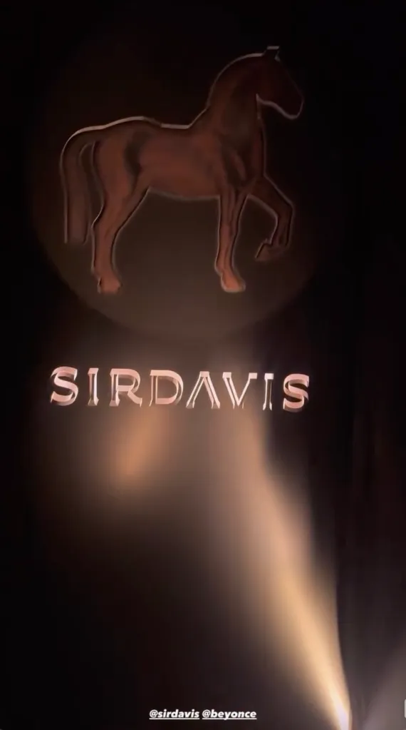 An illustration of a horse logo and the name "SIRDAVIS" projected onto a dark background with a beam of light.