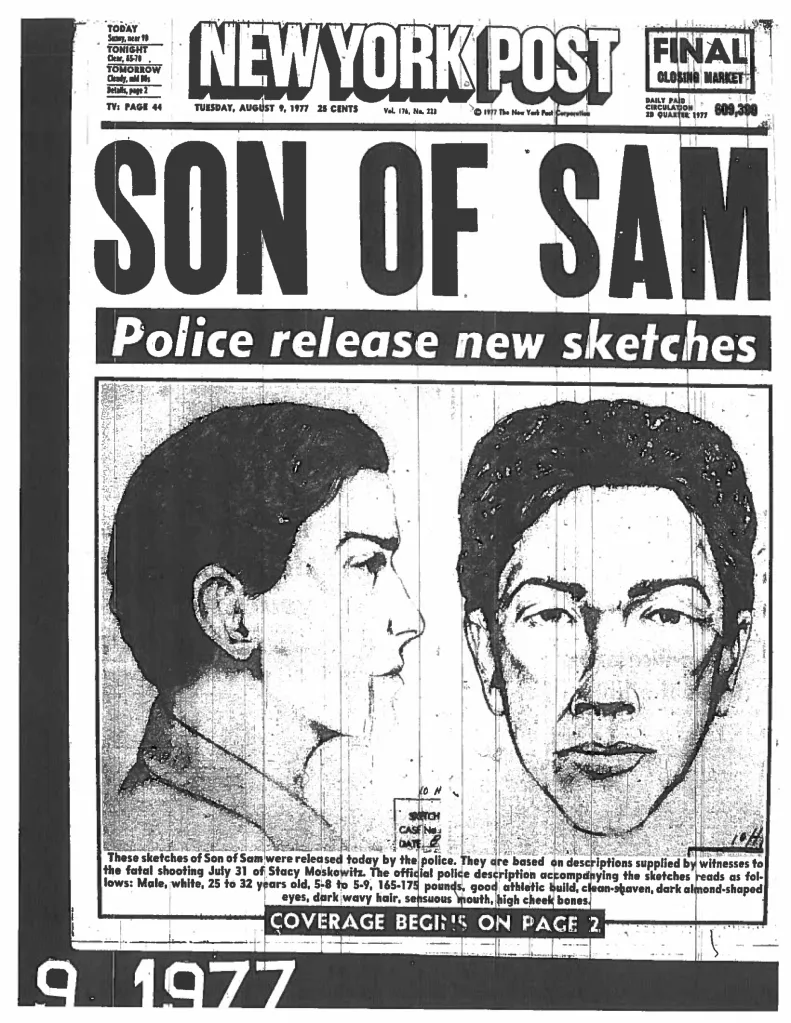 Front page of the New York Post with "SON OF SAM" headline and police sketches of a suspect.
