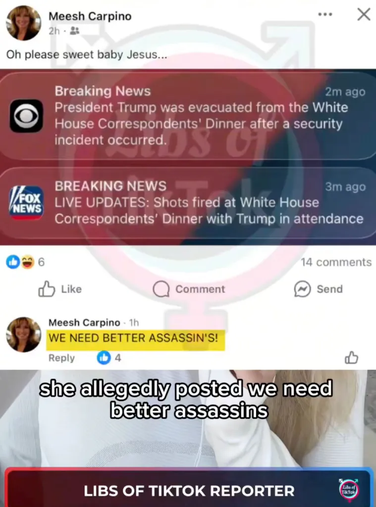 A Facebook post by Meesh Carpino with breaking news alerts about a security incident at the White House Correspondents' Dinner, followed by her comment, 