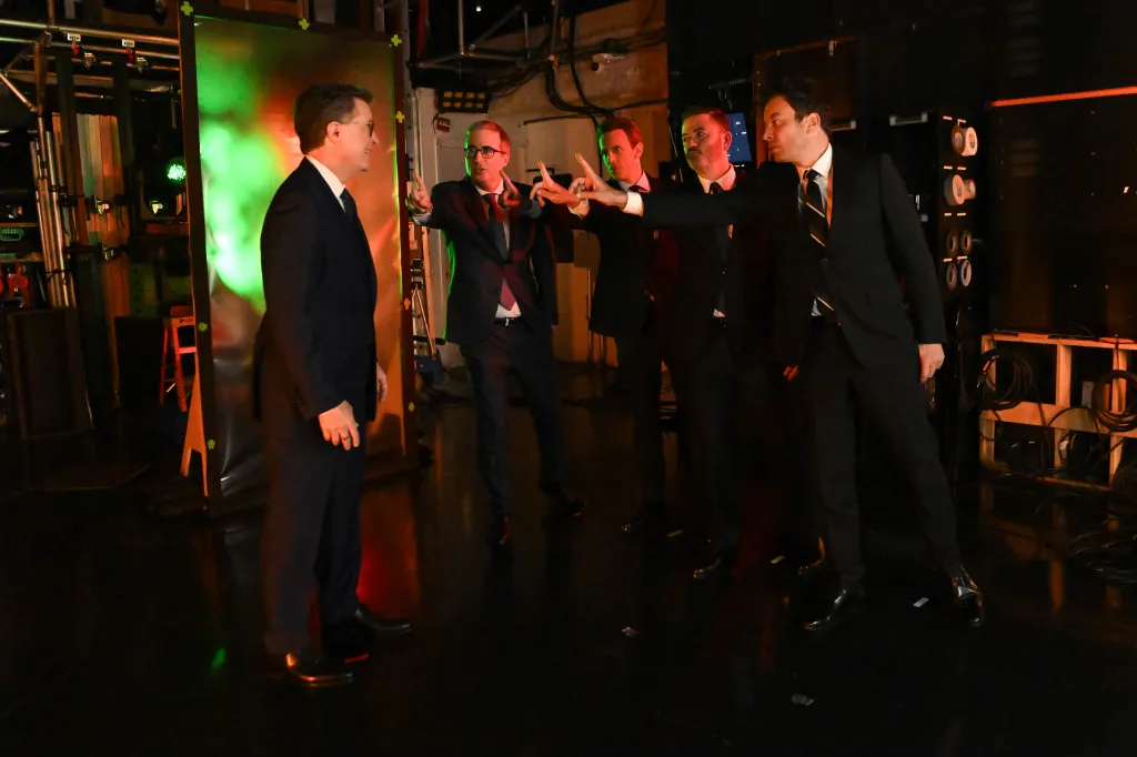 Stephen Colbert, John Oliver, Seth Meyers, Jimmy Kimmel and Jimmy Fallon on the set of The Late Show with Stephen Colbert.