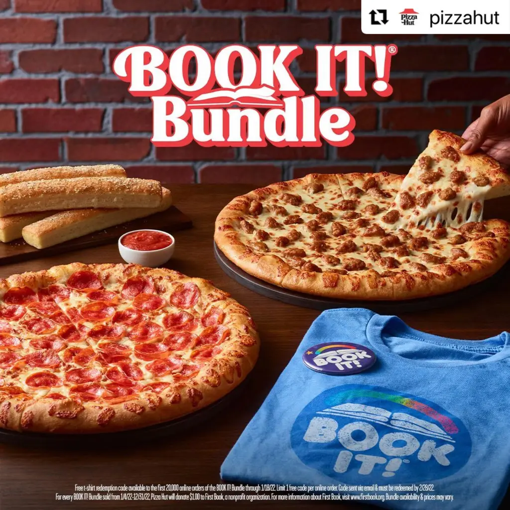 Pizza Hut "BOOK IT! Bundle" advertisement showing two pizzas, breadsticks, and a "BOOK IT!" t-shirt and pin.