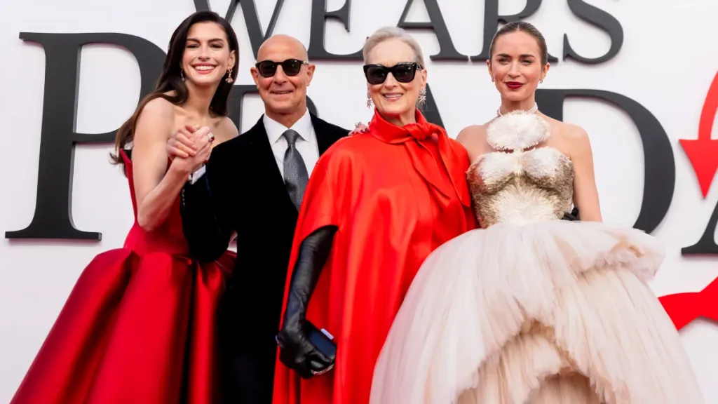 Anne Hathaway, Stanley Tucci, Meryl Streep and Emily Blunt pose for red carpet photos at a premiere screening of