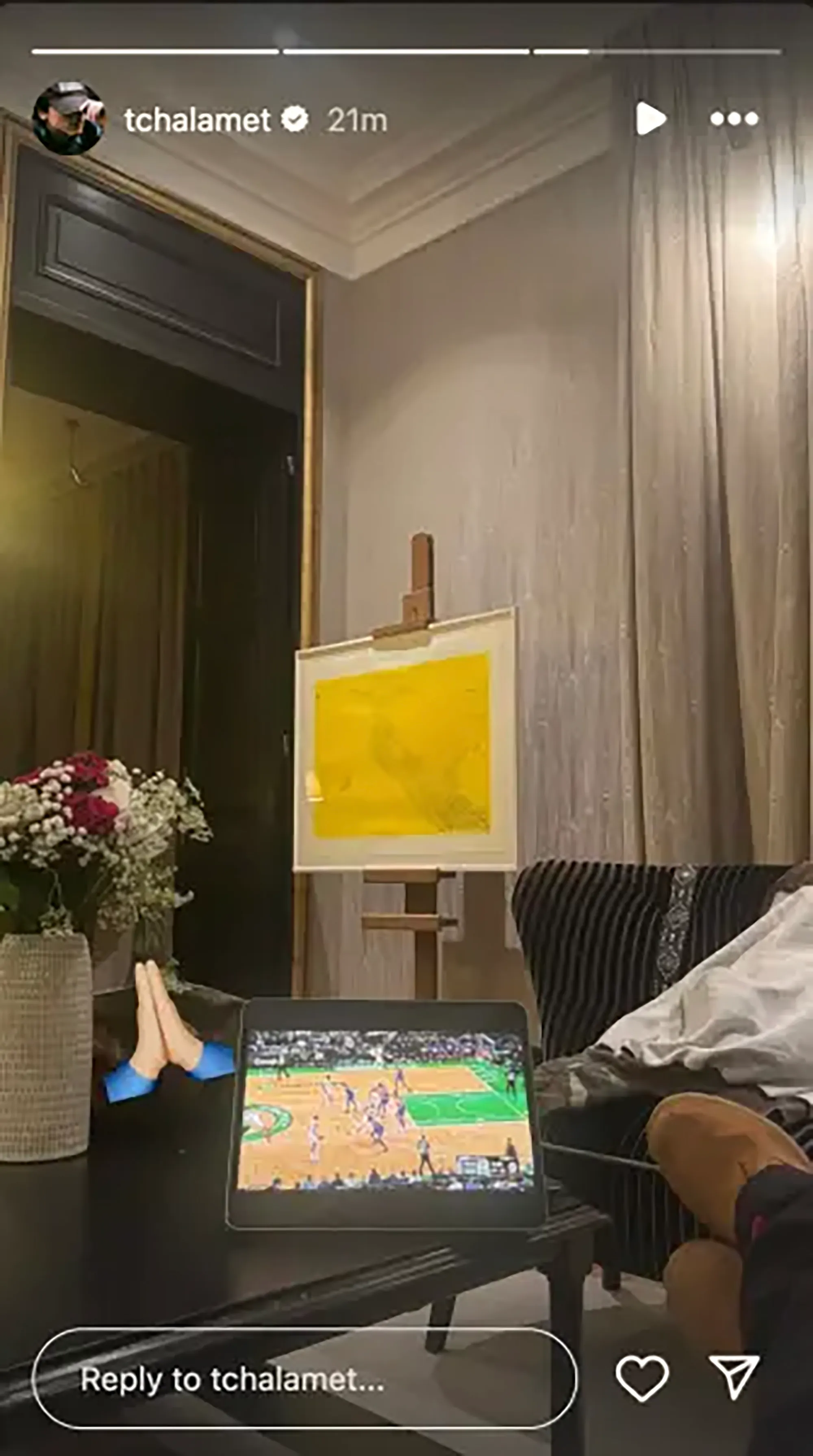 Timothée Chalamet watching a basketball game on a tablet with his feet up, next to flowers and an easel with a yellow painting.