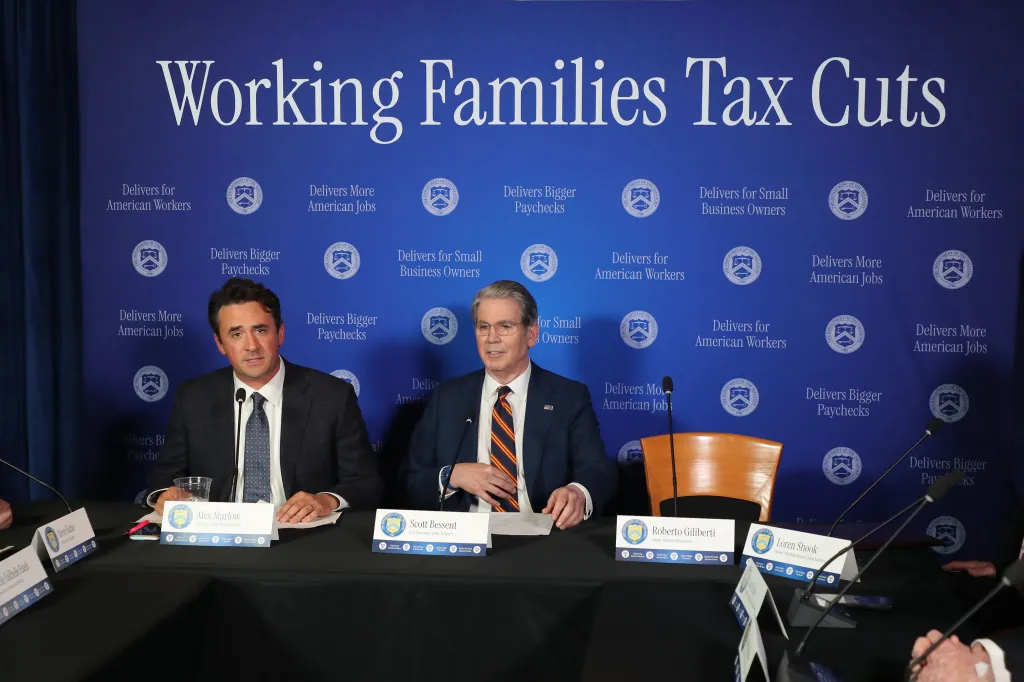 Scott Bessent, U.S. Secretary of the Treasury, and Alex Marlow, Editor-in-Chief of Breitbart News, at an event for "Working Families Tax Cuts."