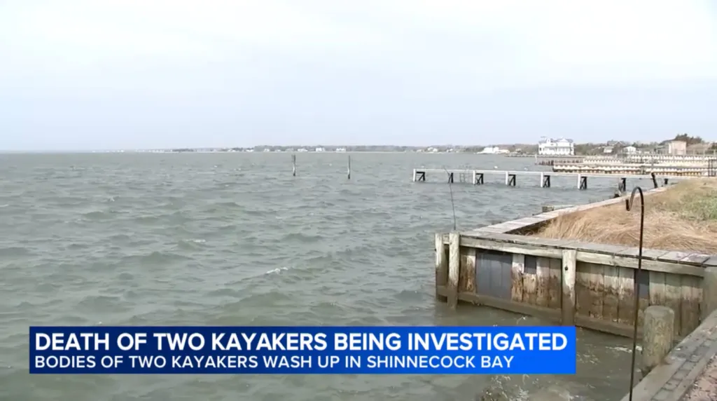 Shinnecock Bay with text "DEATH OF TWO KAYAKERS BEING INVESTIGATED BODIES OF TWO KAYAKERS WASH UP IN SHINNECOCK BAY"