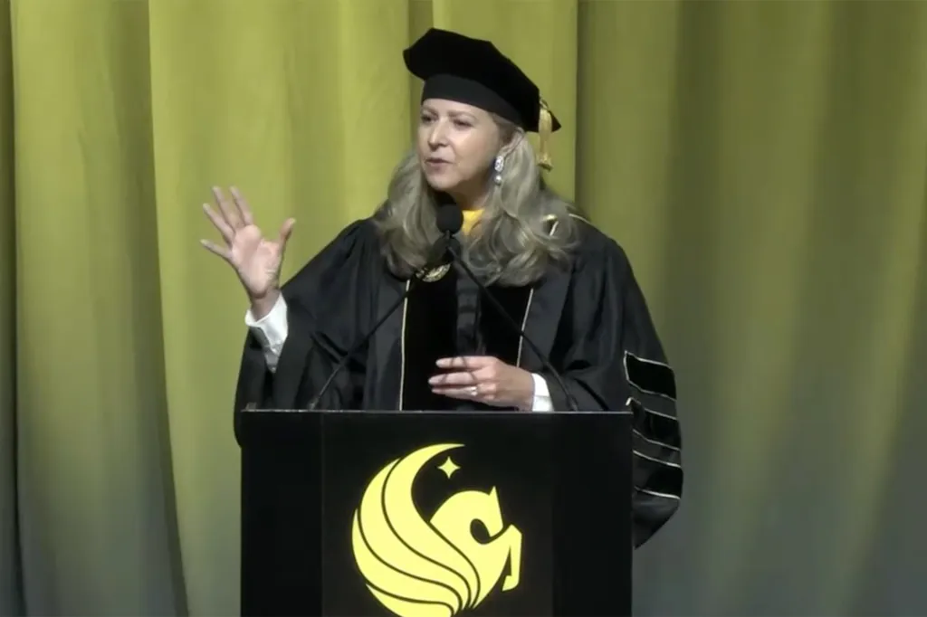 Caulfield, a former healthcare executive, continued her speech describing the major "industrial revolution" she had seen in her lifetime.