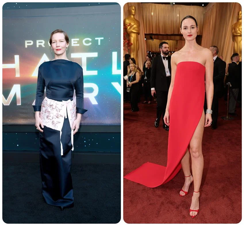Sandra Hüller in Prada at the New York premiere of Project Hail Mary. Renate Reinsve in Louis Vuitton at the 2026 Oscars. Source: Getty Images
