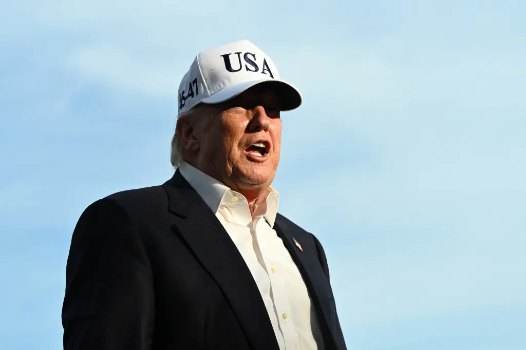 US President Donald Trump speaks to reporters while wearing a white "USA" hat.