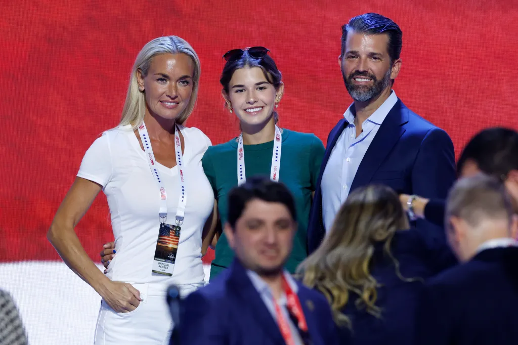 Vanessa Trump, Kai Trump, and Donald Trump Jr. posing at the Republican National Convention.