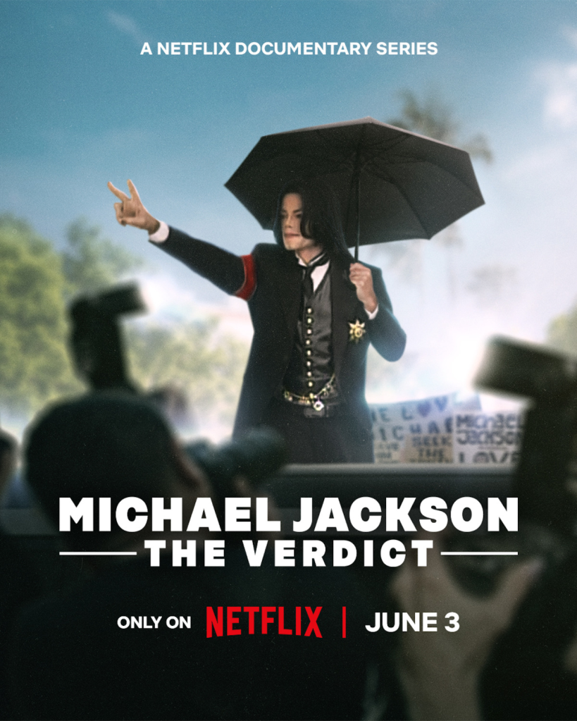 Michael Jackson holding an umbrella and making a peace sign, with the title "Michael Jackson: The Verdict."