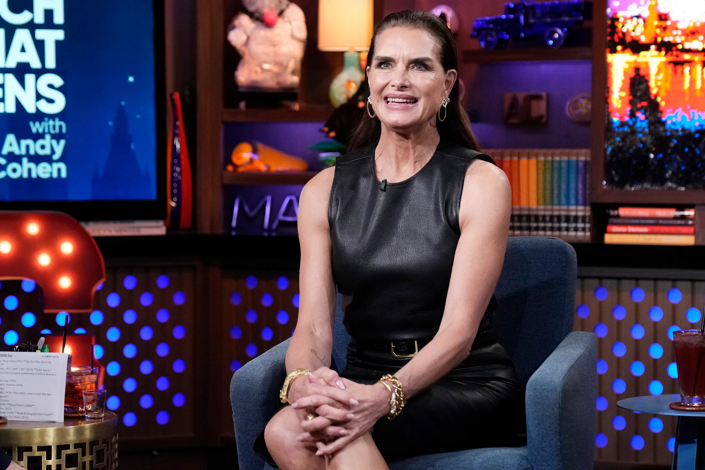 Brooke Shields seated on the set of "Watch What Happens Live with Andy Cohen."