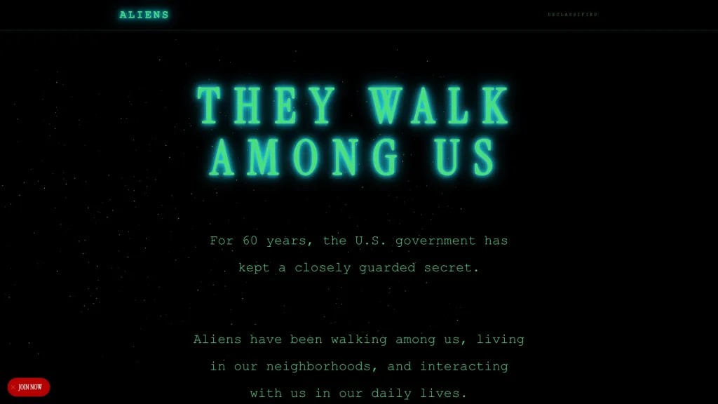 Illustration of a website announcing "They Walk Among Us" and an alien disclosure from the U.S. government.